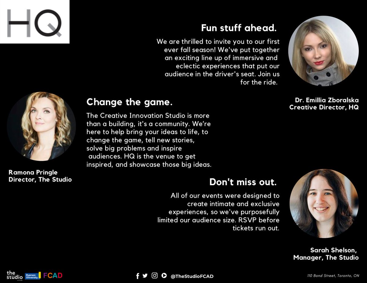 the_studioTO's tweet photo. We are pleased as punch to announce our HQ Fall 2019 Special Programming Series! HQ is our new creative venue for engaged audiences. Check it out! #toronto #creativeindustries #innovation #media #eventvenue #HQcurates #ryerson #performance #experience #storytelling https://t.co/yGiKwhk4v8