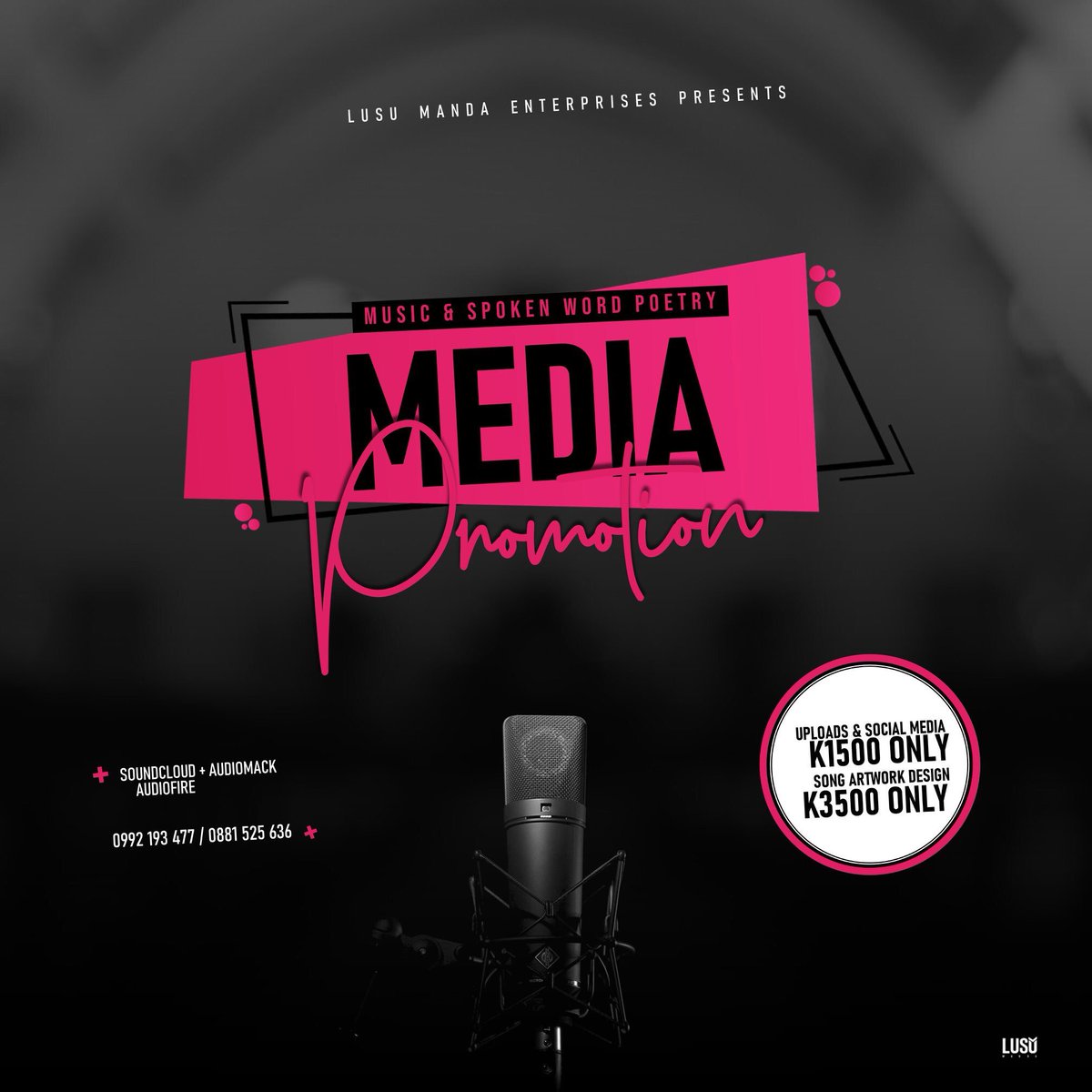 LusuManda's tweet photo. Are you an upcoming artist?
Get social media promotion and your song up on Audiomack and Soundcloud at K1,500 Only.
You get the links in just a matter of minutes!!

Artwork Design going at just K3,500 Only!!

Want to register? Contact us on 0881525636 or 0992193477.
#ArtPromotion https://t.co/u4U1QuVR1X