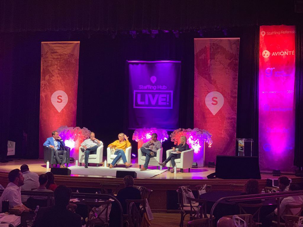 StaffingHub's tweet image. Jeff Bowling, Jeff Harris, Joel Leege, Lisa Maxwell, and Joyce Russell talking about how to scale your business with smarter hiring and promoting #StaffingHubLive
