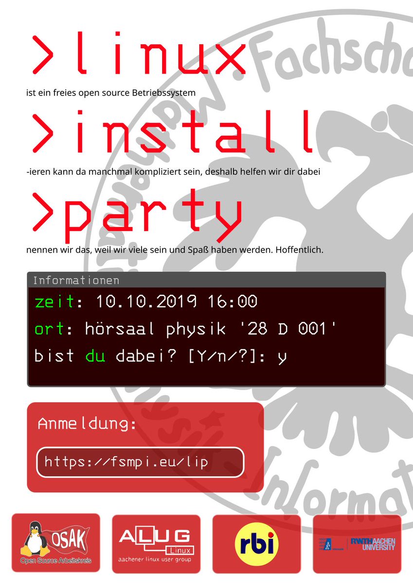 osakfsmpi's tweet photo. Am 10.10.2019 ist es wieder soweit, wir veranstalten eine Linux Install Party! Kommt gerne ab 16:00 im Physikhörsaal 28 D 001 vorbei.

Für weitere Informationen und die Anmeldung: https://t.co/0nhR1uF53t https://t.co/r0CE7fp45H