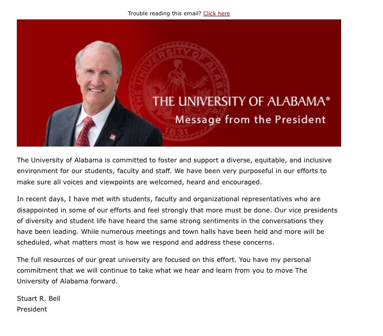 greezbock's tweet photo. UPDATE: @UofAlabama President Stuart Bell sent a message from the president to students at 3:20 p.m., after 11 days of silence following Jamie Riley’s resignation. https://t.co/DEbNGYhgcD