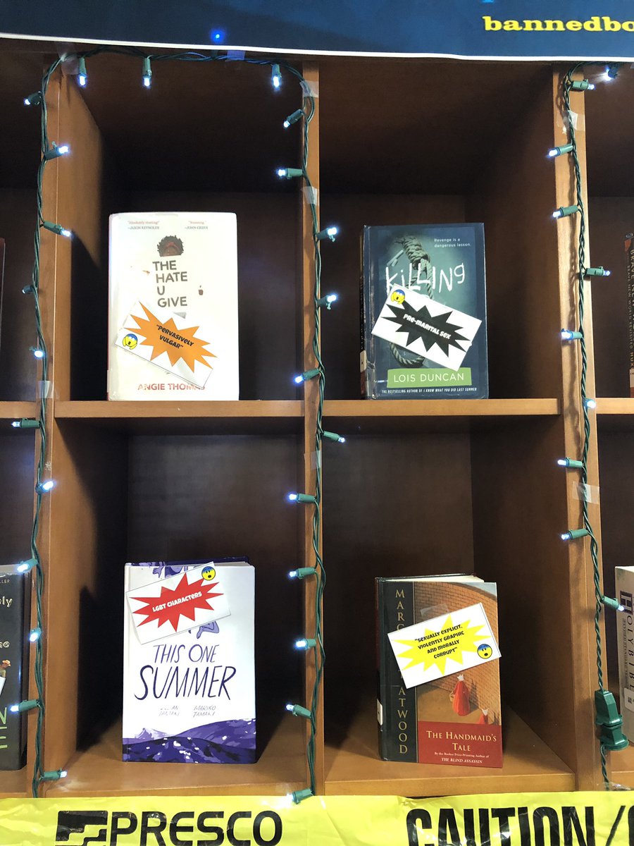 LucyeLibrarian's tweet photo. We are getting ready for #BannedBooksWeek next week!! Our awesome intern @KatFreligh4 created this awesome display for us today!! 🙌🏼 @WandoHS_Media @VOCALCCSD #CCSDLibrariesforall https://t.co/WvDWTh7Z4f