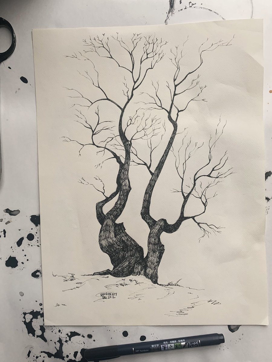 r_dougherty's tweet photo. I caught a whiff of cool air on a grey morning today and I am READY for that spooky stuff. Here’s a little tree I drew a while ago to capture that mood. https://t.co/xm5q0kIvrH