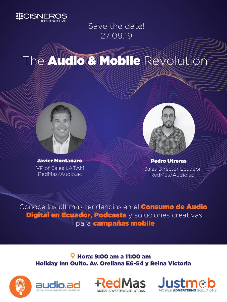 redmasadv's tweet photo. #RedMasEcuador En los próximos días nuestro equipo ejecutivo @javiermontanaro  y Pedro Utreras López darán a conocer todo sobre las últimas tendencias en #AudioDigital y #MobileAdvertising en Quito! #CisnerosInteractive #Adtech https://t.co/fa1x7m7HLr