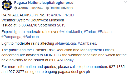 bdrrmo's tweet photo. RT dost_pagasa: RAINFALL ADVISORY No. 15 #NCR_PRSD
Weather System: Southwest Monsoon
Issued at: 5:00 AM,18 September 2019
Expect light to moderate rains over #MetroManila, #Tarlac, #Bataan, #Pampanga, #Bulacan.
Light to moderate rains affecting #NuevaE… https://t.co/IOXvzpvTex