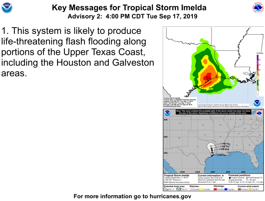 NHC_Atlantic's tweet photo. Key Messages for Tropical Storm #Imelda (4 PM CDT Tuesday, September 17). https://t.co/ZsopacO96G