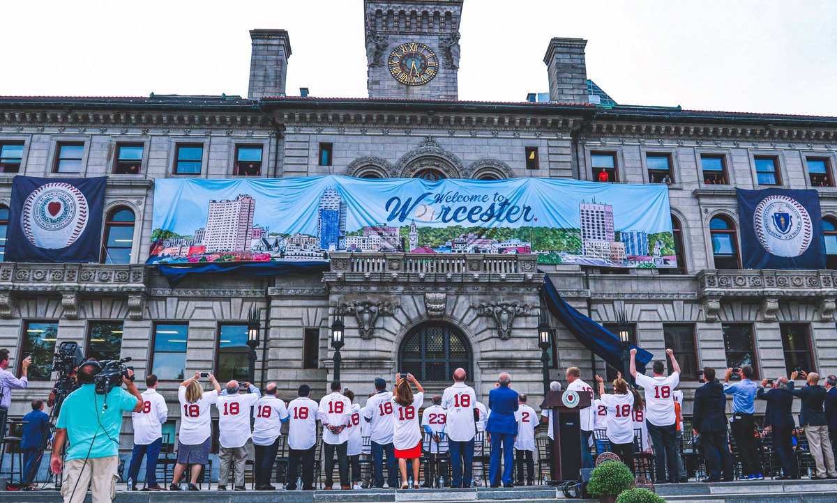 PolarPark's tweet photo. One year ago today - Our formal announcement of the Worcester Red Sox at our Grand &amp; Glorious Civic Celebration with @TweetWorcester. #PathtoPolarPark https://t.co/7BJ2wz8Ow9