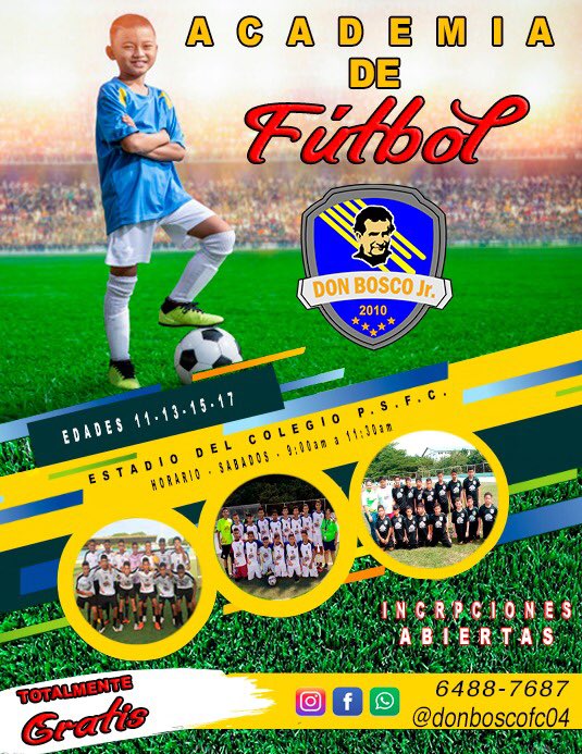 Ven únete a nuestra academia de fútbol #DonBoscoJr para las edades 11-13-15-17 comunícate al DM o al #64887687