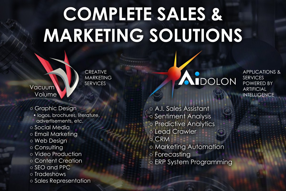 VacuumVolume's tweet photo. Complete #sales & #marketing solutions! Contact us at info@vacuumvolume.com #VacuumVolume #Aidolon @AiDOLON_AI #AI #aimarketing #marketingagency #saltlakecity #utah #vacuumtech #vacuumscience #creativemarketing #graphicdesign #socialmedia #emailmarketing #webdesign #predictiveai https://t.co/SOp59oGMSi