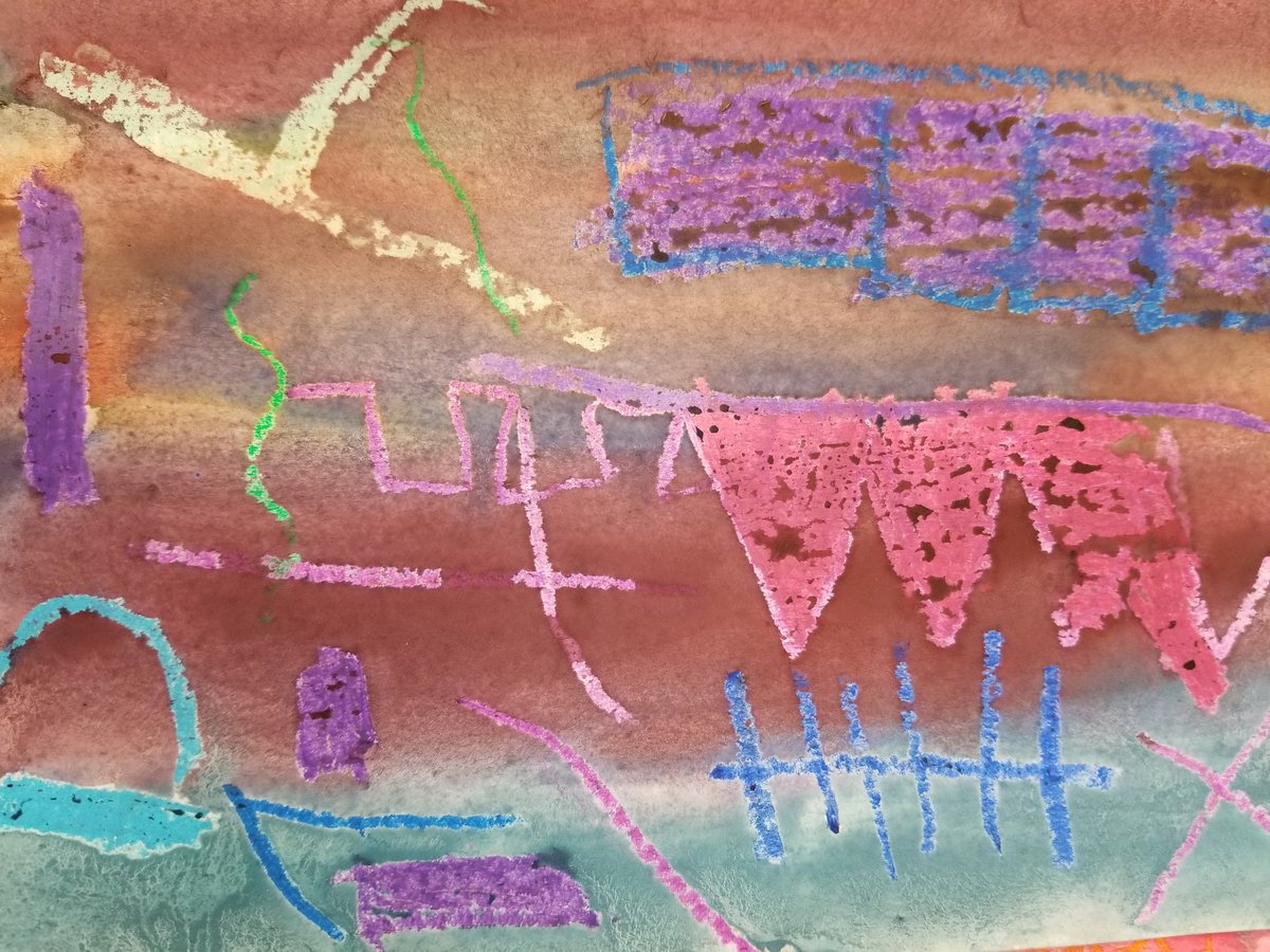 MsGallagherWES's tweet photo. Kindergarten artists at WES are learning about different types of lines and exploring those lines through oil pastels and watercolor! #artmatters #wesart #rtsd #wayne #arted #elementaryart #art #line #color #messy #fun https://t.co/gUmHNzjDee