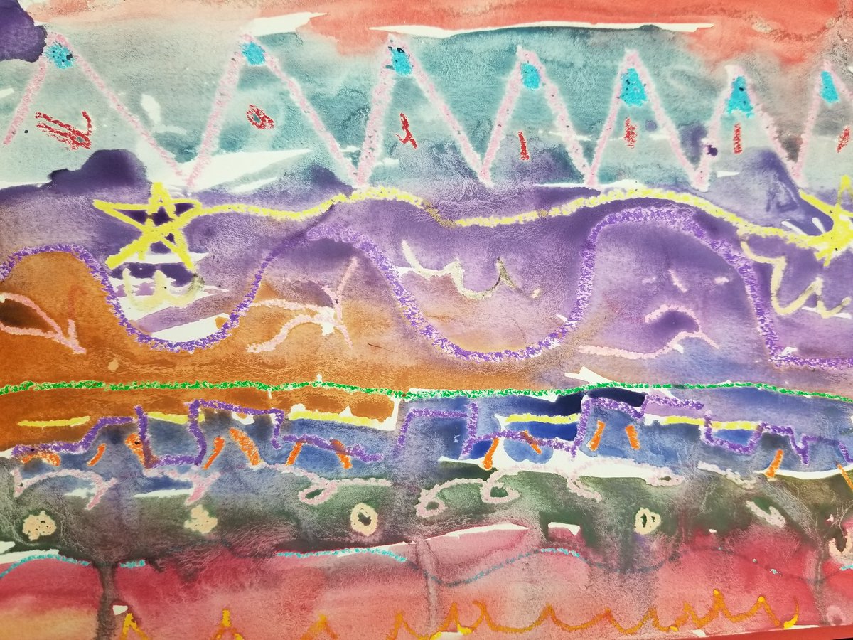 MsGallagherWES's tweet photo. Kindergarten artists at WES are learning about different types of lines and exploring those lines through oil pastels and watercolor! #artmatters #wesart #rtsd #wayne #arted #elementaryart #art #line #color #messy #fun https://t.co/gUmHNzjDee