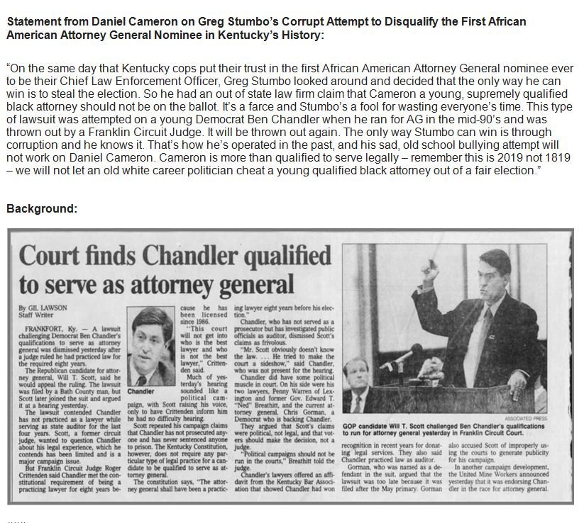 MichonLindstrom's tweet photo. .@DanielCameronAG is responding to a lawsuit filed trying to get him kicked off the ballot for not having the 8 years required by Kentucky Constitution to be AG. Says "It's a farce and Stumbo's a fool for wasting everyone's time." https://t.co/4PbTpMXJX3