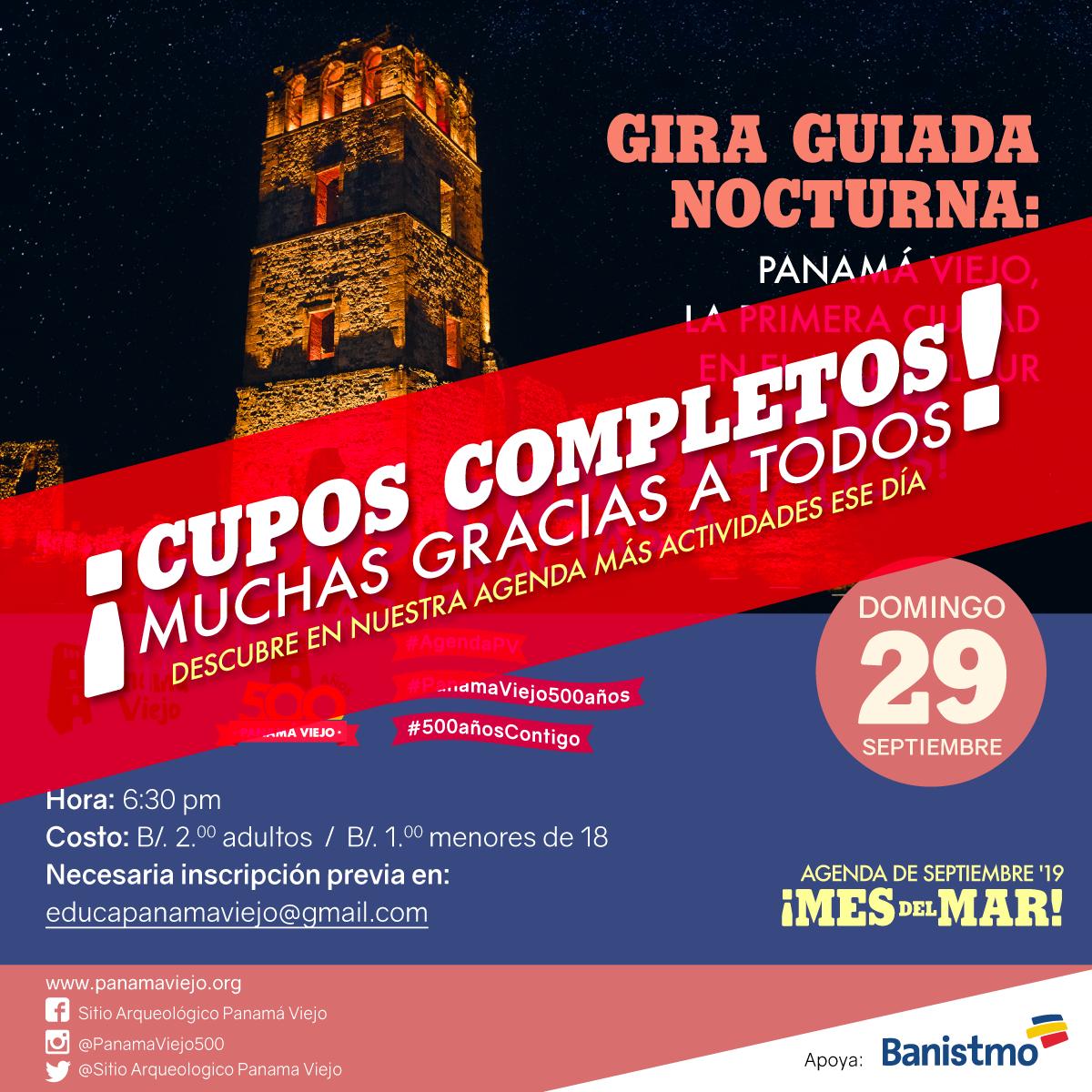 PanamaLaVieja's tweet photo. ¡Cupos completos para la Gira Nocturna! ¡Muchas gracias a todos!
Te invitamos a estar pendiente de las redes sociales del Sitio Arqueológico de Panamá Viejo. Pronto se darán a conocer más actividades. @KiwanisPma @MiCulturaPma @ATP_panama https://t.co/XIpnRBSfiJ