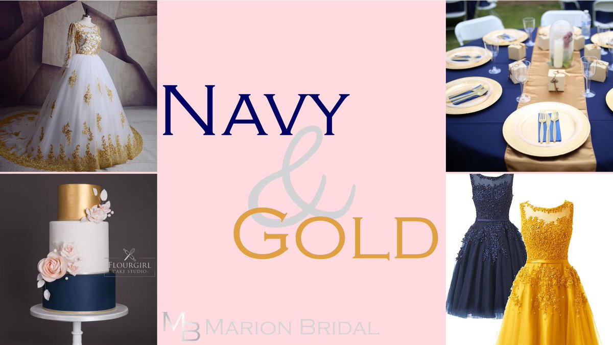 marionbridal's tweet image. Cool and royal, the color combination of navy blue and gold is popular for any season.

For an extra royal match, check out design 2101 - Lady, adorned with beautiful gold appliques. #Wedding #NavyGold #DIYWedding #WeddingDecor