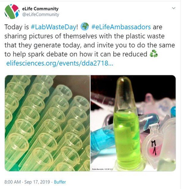 Labconscious's tweet photo. Bravo to the @eLifeCommunity for bringing awareness with #LabWasteDay!!! Best wishes, -NK &amp; @NEBiolabs https://t.co/o3iY78FNW1