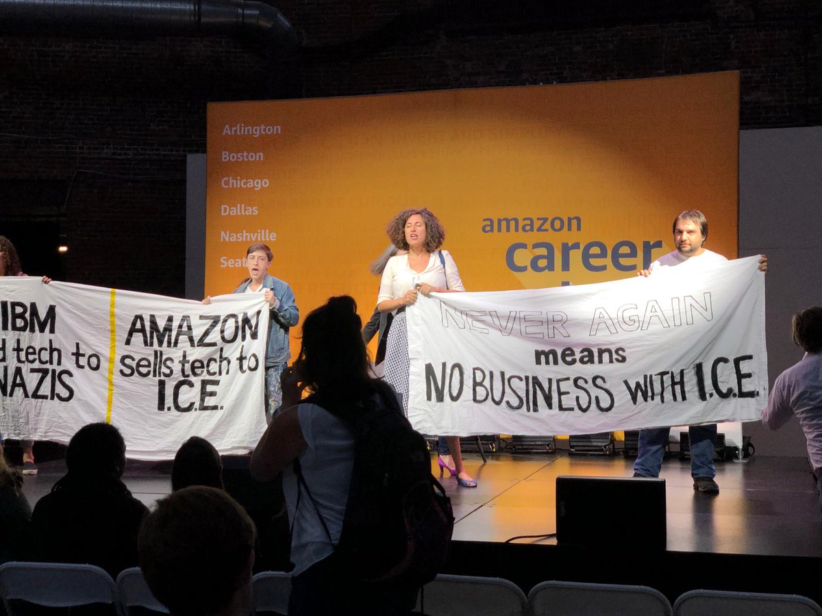 BREAKING: #JewsAgainstICE, immigrants, and their allies are disrupting the Amazon Job Fair in Boston, MA. We are asking job-seekers to avoid applying for positions at Amazon and its subsidiaries until the org breaks its contracts with ICE and DHS. #NeverAgainIsNow #NoTech4ICE