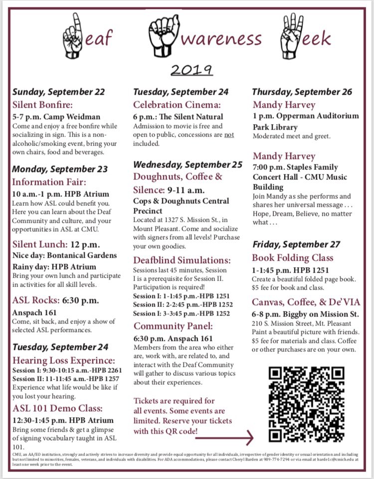 CMU_SALD's tweet photo. CMU’s celebration of Deaf Awareness Week is September 22nd-28th! Check out one of these events to learn more! https://t.co/YOfFUoDN7e