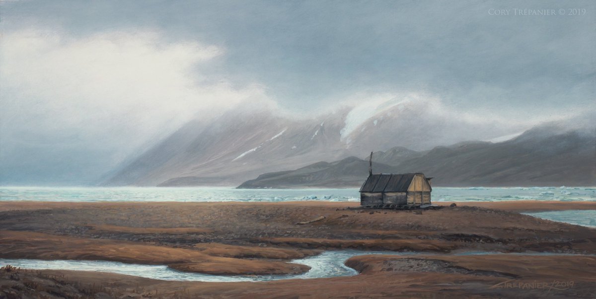 'Beach Cabin', 8'x16', oil/linen. Guys Bight, #BaffinIsland. 'through the half fog I could see a few cabins dotted along a beach that has been used by the Inuit for generations. On this damp day, I could imagine the comfort these shelters offered.'

@OneOceanExp @ExplorersClub