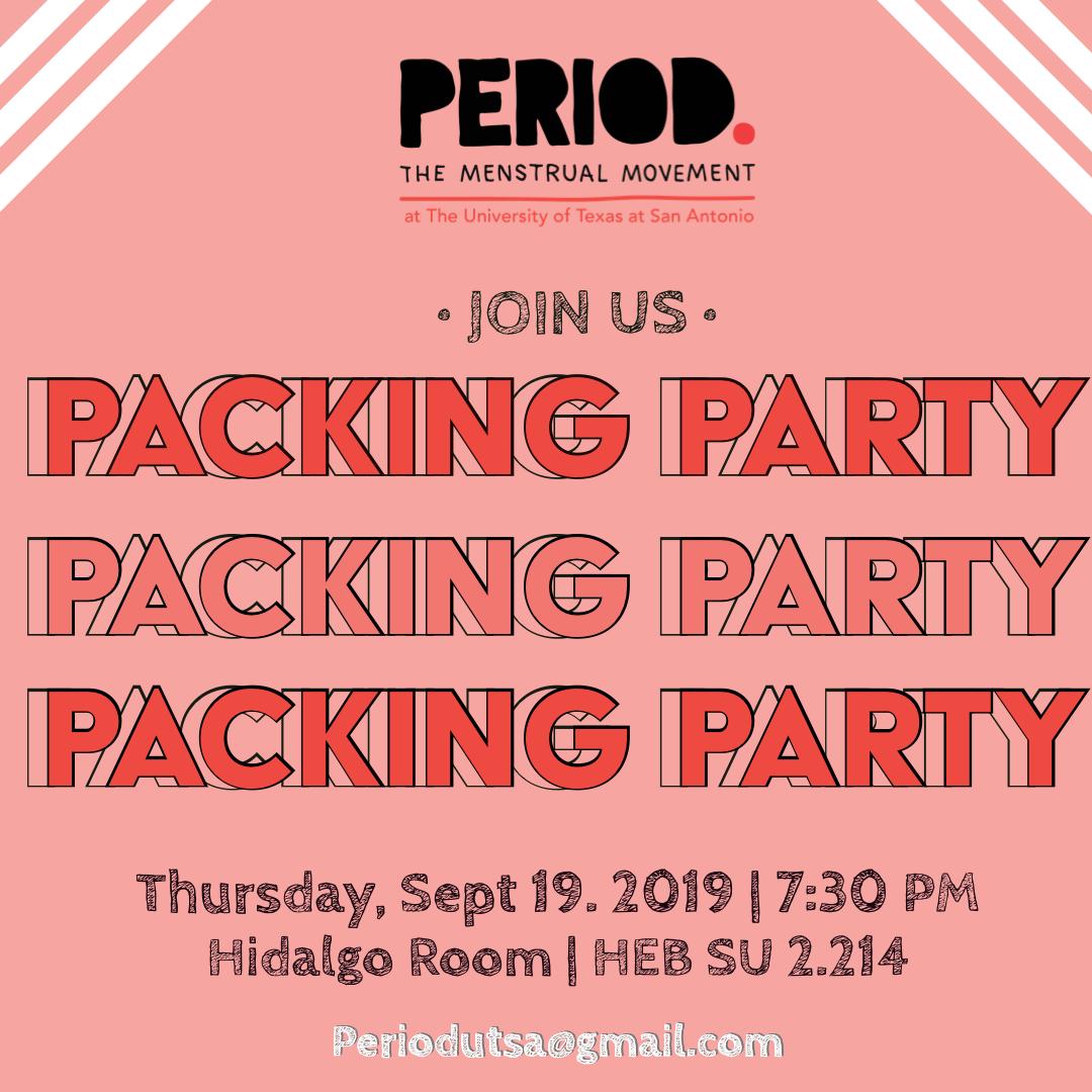 Come join us for our 1st Packing Party of the Semester! This Thursday in the Hidalgo room at 7:30pm. Packing parties are where we all get together to make period packs, which we then donate to local shelters in SA. Help us fight period poverty! #utsa #menstrualmovement