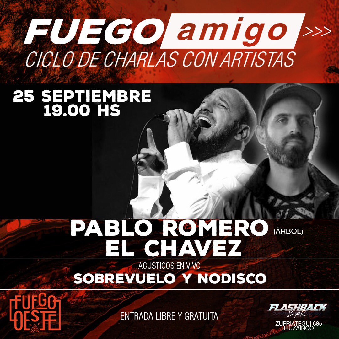 Acústico de SobreVuelo en
FUEGOamigo de Fuego Oeste
25 SEP, 19hs
<a href="/ElChavezMusic/">El Chavez</a> <a href="/NoDisco/">NODISCO</a>