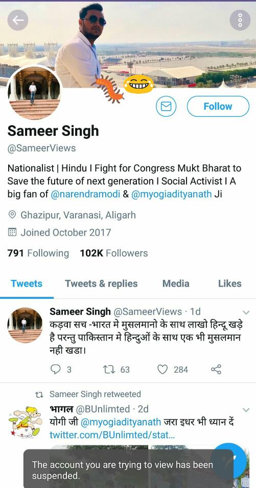 assassin_crd56's tweet photo. #RIP Case- 928 @SameerViews
102 K a/c

Suspended by- @Twitter

Category- namorogi bhkt, affiliated to bhagwa IT Cell

Reason- abusive &amp; hatemonger

Reported by- Team #PhDB https://t.co/lb2XEe1GT5