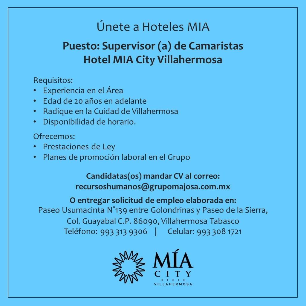 AMHMT's tweet photo. Oportunidad de trabajo en el hotel Mía City Villahermosa @miacityvhsa ofrece la #Vacante #SupervisorDeCamaristas si cumples con los requisitos envía tu CV o entrega personalmente tu solicitud empleo #HotelesTabasco @AMHMT https://t.co/erxYCAotex