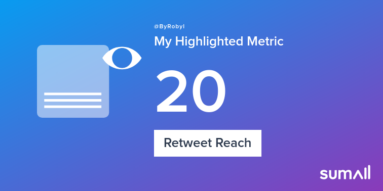 ByRobyl's tweet image. My week on Twitter 🎉: 1 Retweet, 20 Retweet Reach. See yours with sumall.com/performancetwe…