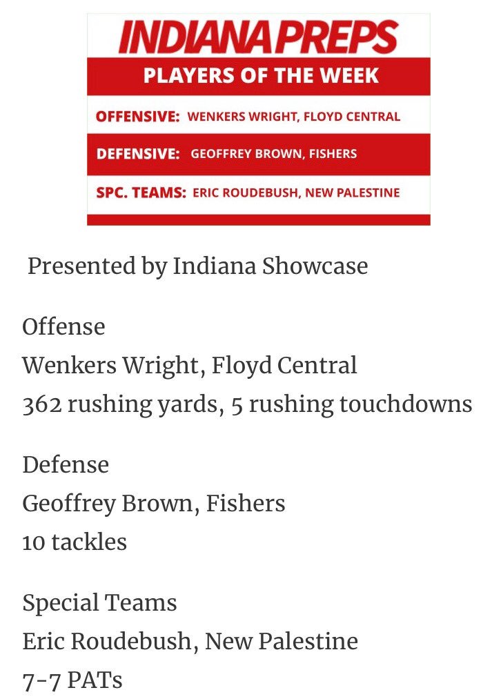 mendyroude's tweet photo. Congrats on Eric being Indiana Preps Special Team of Player the Week. @ericroudebush @IndianaPreps https://t.co/EfoAk12YeC