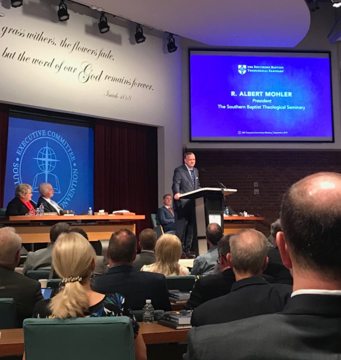 albertmohler's tweet photo. Honored today to bring report on behalf of @SBTS # to the SBC Executive Committee. Thank you Southern Baptists for your support. #SBCCP https://t.co/rumWdPum1r