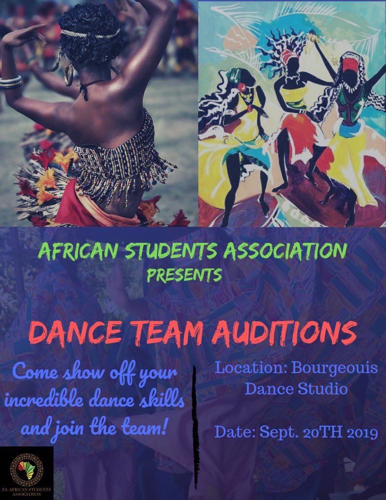 ullafayetteasa's tweet image. Calling all dancers, it’s a REVIVAL! Dance All The Way To Africa with Us this Fall💃🏾🌍 🕺🏾Sign up to join our dance team: surveymonkey.com/r/XFG5JKH #ulgetinvolved #asadance #cULture