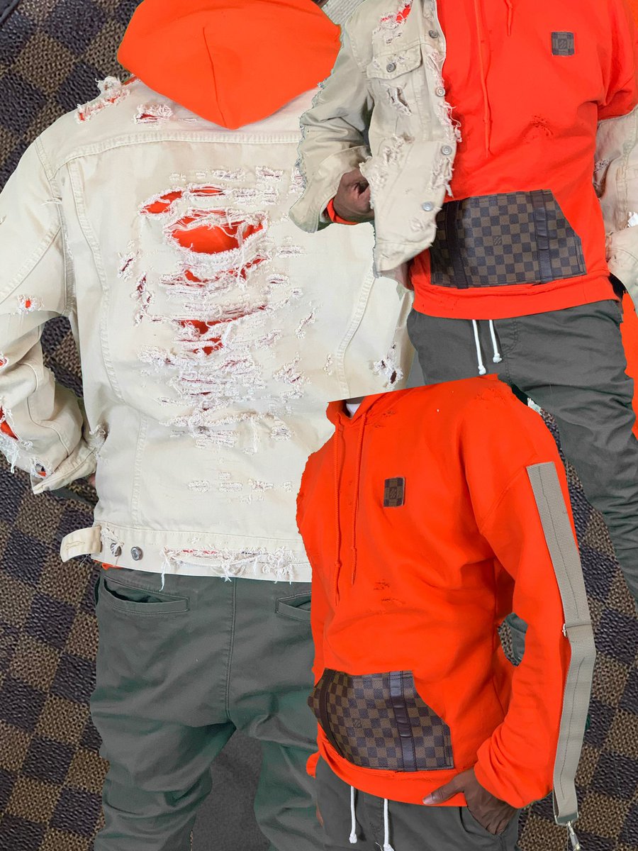 customsbyCP's tweet photo. Custom made distressed denim jacket styled with custom made hoodie decked out in @louisvuitton @hm 
#chicagostylist #chicagofashion https://t.co/DimZUO9NF4