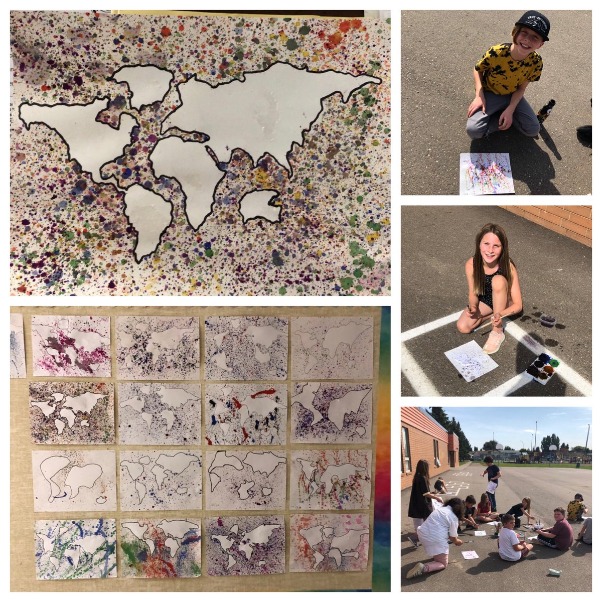 Grade 5 students created splatter art paintings of the world, integrating art and social studies curriculum. 🌎