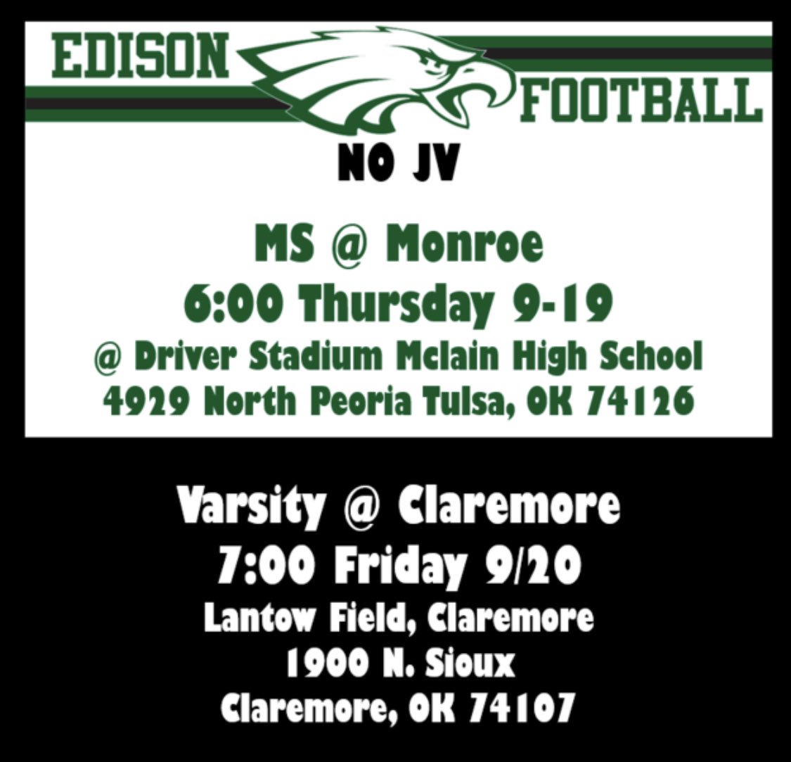 JV is off this week. 🏈 MS travels to face Monroe at McLain HS. 🦅 Varsity travels to Claremore to face the 🦓’s.