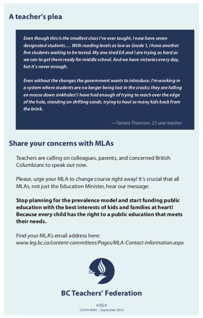 The #PrevalenceModel is NOT the way to fund special education. When funding is not tied to specific needs, programming for students with those needs diminishes. #bced