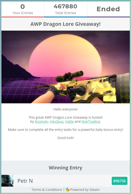 NoirTrading's tweet photo. Congratulations to the Winner of our Dragon Lore giveaway 
🎉@ArgerasCz 🎉 

Thank you everyone who took the time to participate. 🤟

Also Thank you very much to our partners.
@anomalyxd @TDM_Jesus @EinHaDe https://t.co/mg8ZPhksXQ