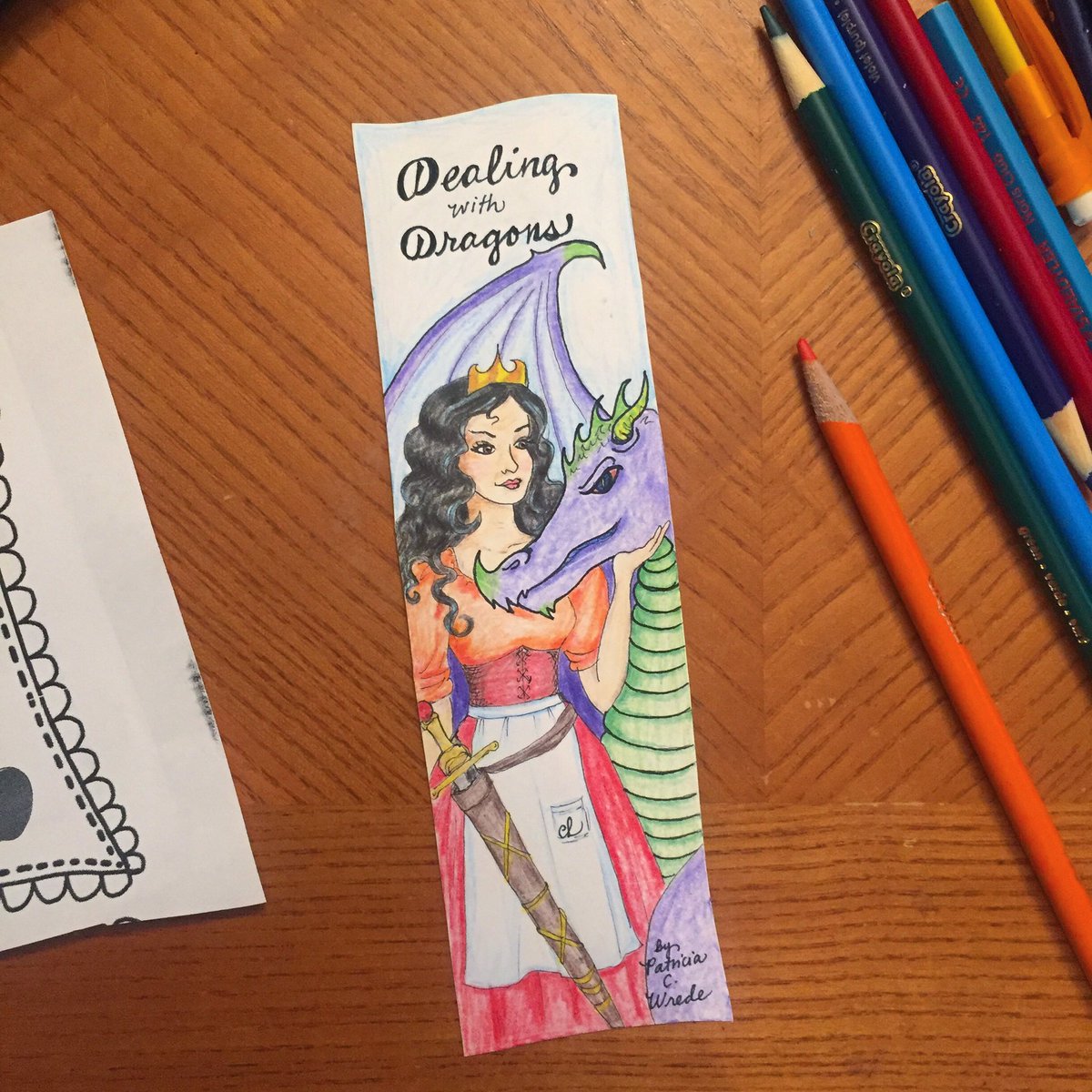corettadeesign's tweet photo. Most fun I’ve had with “Parent homework” in a while. Assignment was to decorate the back of a #bookmark w/one of my favorite childhood books, child decorated other side w/ one of her favorite books. #crayola #dealingwithdragons #patriciacwrede Thanks Mr.Dunn! @CitrusGrove_VCS https://t.co/4uboTfedoa