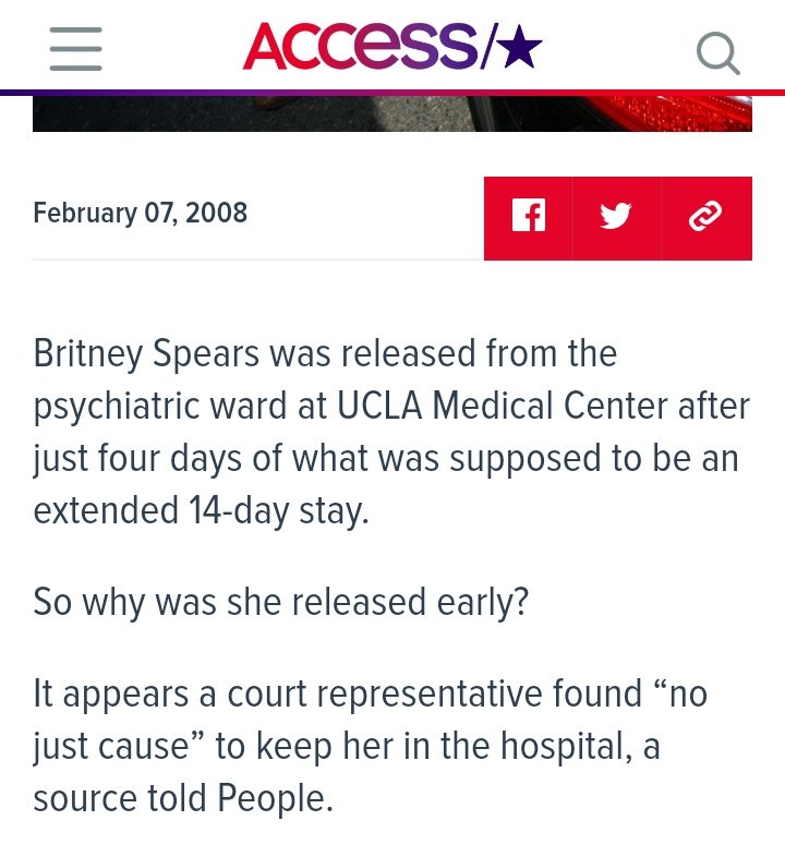 Feb 2008Britney was put under conservatorship on Feb 1st, after 24h evaluation and left hospital early on Feb 6th, cause apparently she was "fit to leave".Only 2 days later her rehearsals regime at Milenium Dance Complex started and continued for next months.