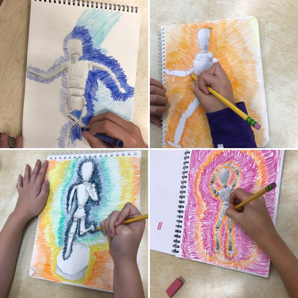 JulieCosco's tweet photo. 5th grade starting out the year with #figuredrawings... love the color bursts in the background #wvmscosco https://t.co/kXeZZfOlRk