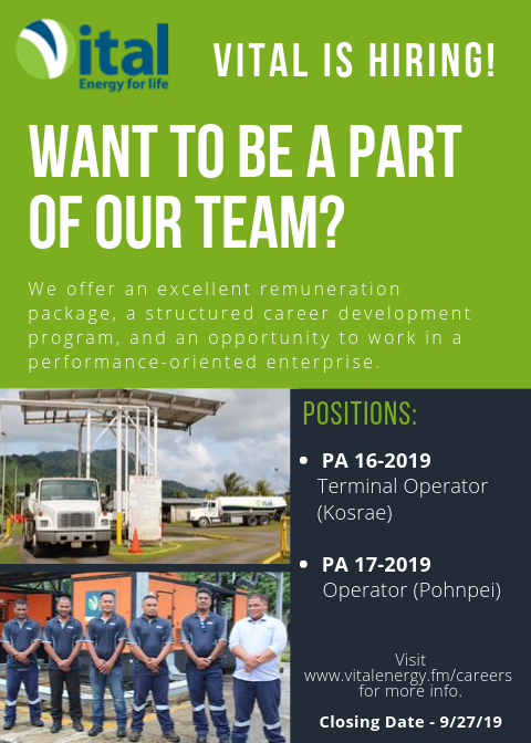 VitalEnergy2's tweet photo. We're hiring again, this time in Kosrae &amp; Pohnpei!

✔️ Terminal Operator (Okat Fuel Farm, KSA)
✔️ Power Plant Operator (Nan Pohnmal Power Plant, PNI)

For job descriptions &amp; the Vital Employment App, visit https://t.co/q8ZbaWHvSP

Closing: Fri Sept. 27! https://t.co/alP5iXVPsK