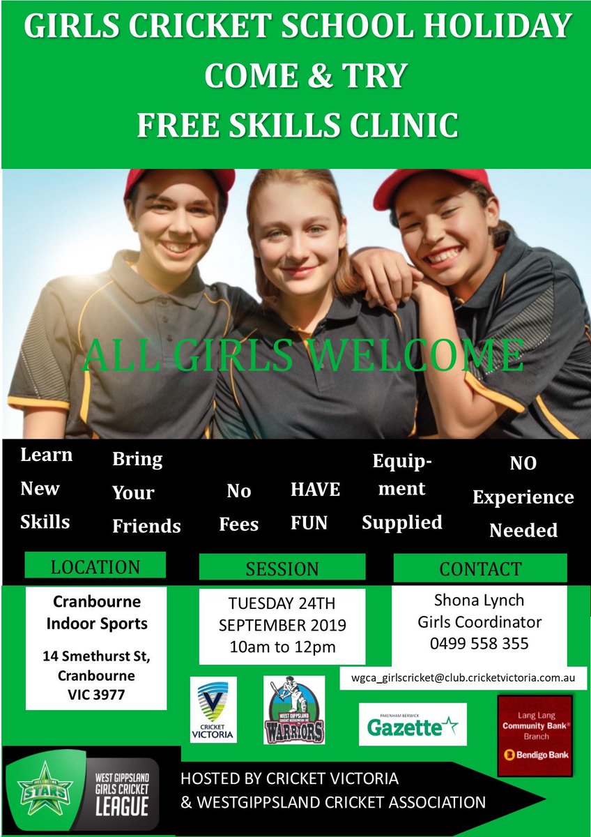 CV_Sharks's tweet photo. Any girls interested in getting involved in cricket please come along to the WGCA Girls come and try event on Tuesday 24 September at 10am. Look forward to seeing everyone there https://t.co/oQTBTJKxYF