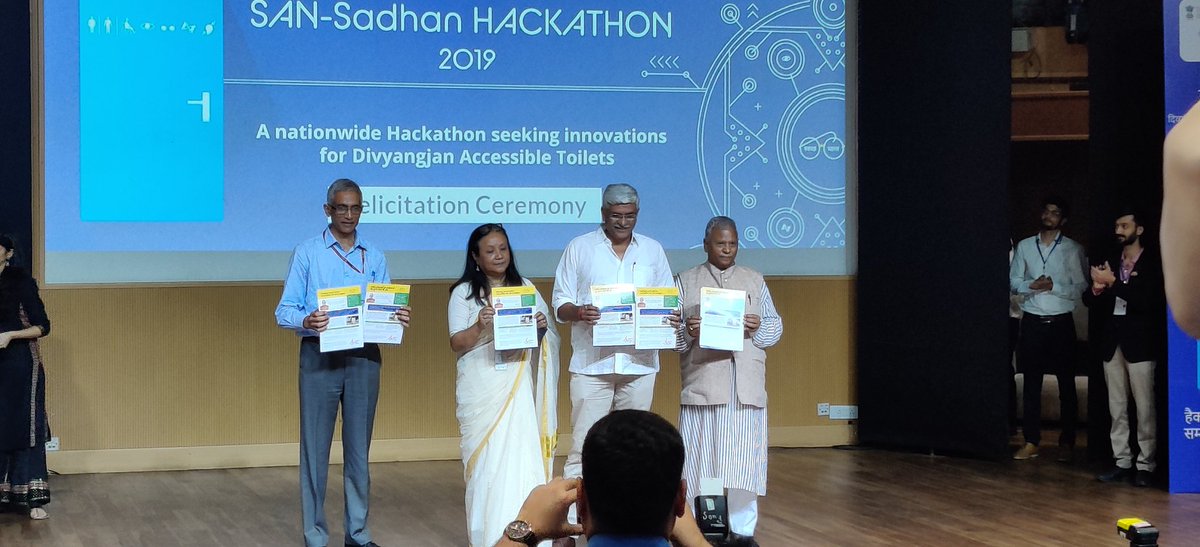 socialpwds's tweet image. Award Function at the end of 3 day long nation-wide #SanHack, jointly organized by #DEPwD and @MinistryofJalSakti in association with @AIMtoInnovate and @NITIAayog held yesterday at Ambedkar International Centre, Delhi to promote better #accessible #toilets for #Divyangjan.