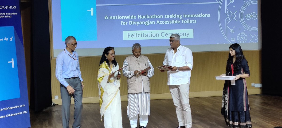 socialpwds's tweet image. Award Function at the end of 3 day long nation-wide #SanHack, jointly organized by #DEPwD and @MinistryofJalSakti in association with @AIMtoInnovate and @NITIAayog held yesterday at Ambedkar International Centre, Delhi to promote better #accessible #toilets for #Divyangjan.