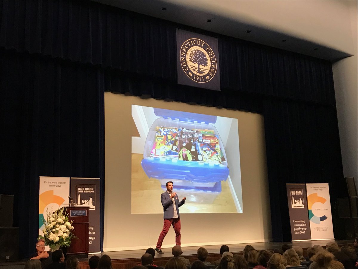 ConnCollLibTech's tweet photo. Outstanding presentation tonight on the lifelong trials that @StudioJJK transformed into Hey, Kiddo! 💗🖌📚#OneBookOneRegion #OBORCT https://t.co/Git0BnzP13