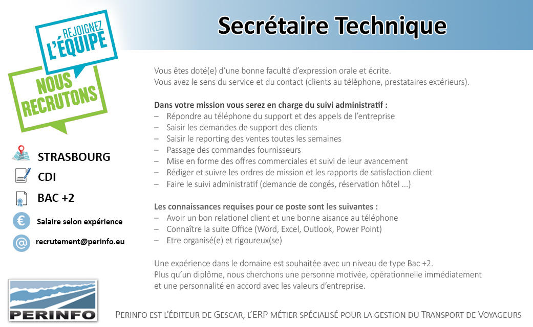 PerinfoGescar's tweet photo. Perinfo recrute un(e) SecréataireTechnique 🔎
Vous êtes doté(e) d’une bonne faculté d’expression orale et écrite? Vous avez le sens du service et du contact? Rejoignez notre équipe! Pour ne savoir plus : https://t.co/4pLD0yLXq6
#Recrutement #Secrétariat #Administratif #CDI https://t.co/AZ8SOmHzX1