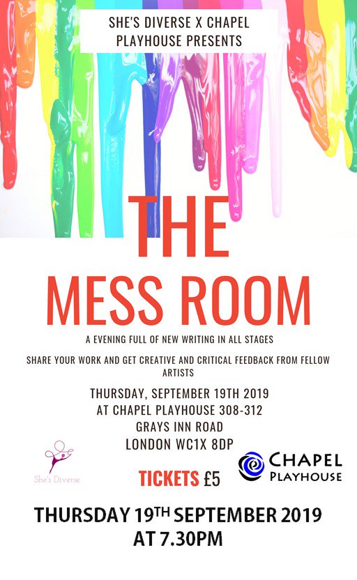 1 day until The Mess Room! Together @Chapelplayhouse &amp; <a href="/ShesDiverse/">ShesDiverse</a> present to you a new writing night full of new ideas!
It’ll be live, it’ll be raw and it’ll be messy!
Grab your tickets here before it’s too late- bit.ly/2Pgx0H1
#newwriting #fringe #themessroom
