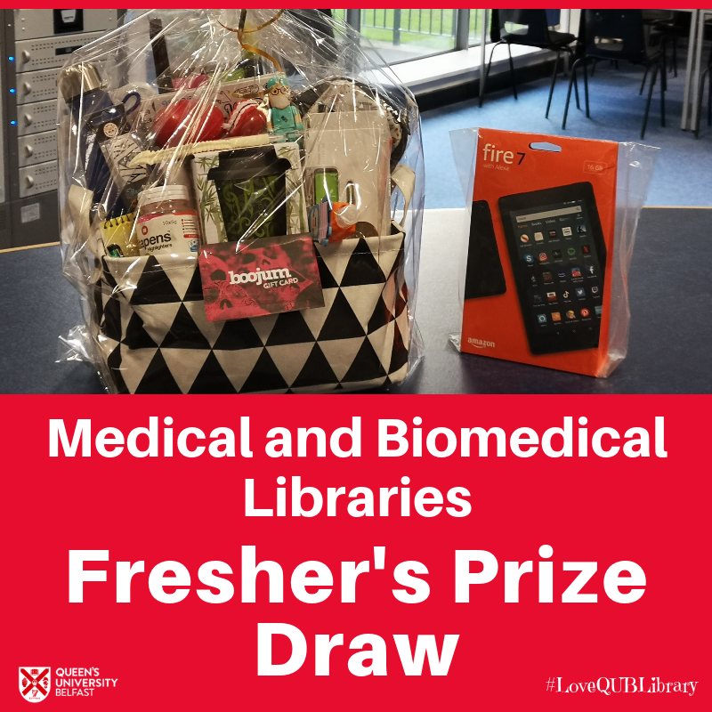 QUBLibrary's tweet photo. It's #FreshersWeek2019 & time for the Medical & Biomedical Libraries free prize draw for all you new Health Sciences students.Simply fill in the short online form available at our stand in the MBC (09:30-13:00) & South Dining Hall (16:00-18:00) today for a chance to win @QUBSONM https://t.co/7ykRInXiVC