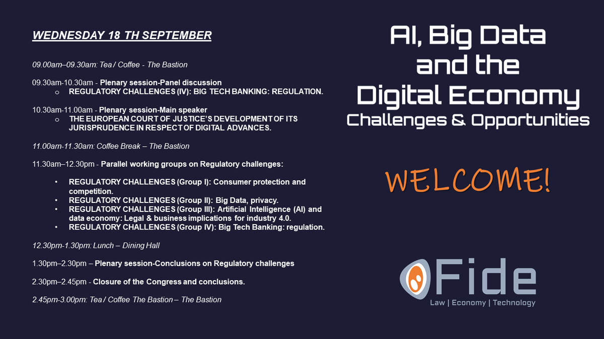 fide_fundacion's tweet photo. The 3rd and last day of #FideCongressAI at Oxford is about to kick off with our first panel of the day.
Find out today's schedule: https://t.co/57IEnGECwd