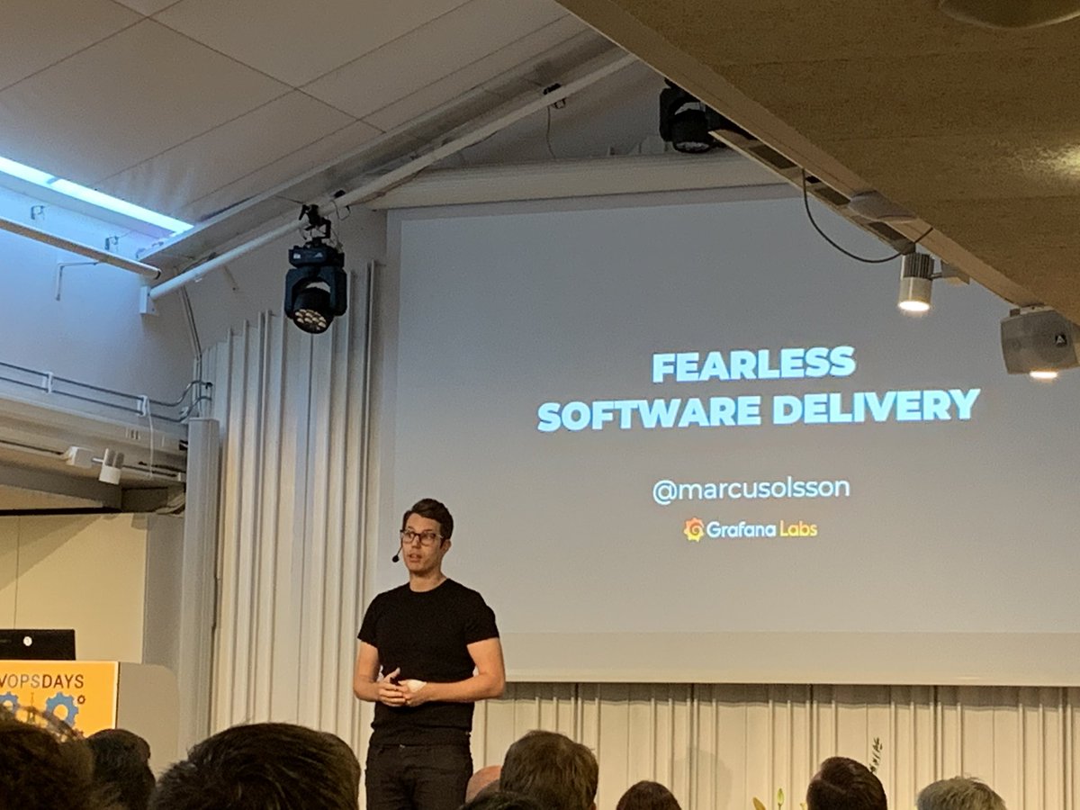 tonycollander's tweet image. Talk 2 Day 2 at #DevOpsDaysSthlm continues w/ @marcusolsson from @grafana w/ a talk about how _not_ to be afraid of software delivery.