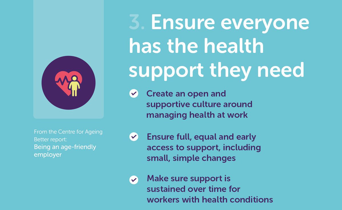 Ageing Better (@ageing_better) on Twitter photo Too often, due to fear of a negative response and a lack of clear guidance or positive messaging for employees and managers, people put off telling their employer that they have a health condition.
Read our steps in becoming an #agefriendly employer. ow.ly/PnYL50v1BdL Too often, due to fear of a negative response and a lack of clear guidance or positive messaging for employees and managers, people put off telling their employer that they have a health condition.
Read our steps in becoming an #agefriendly employer. ow.ly/PnYL50v1BdL
