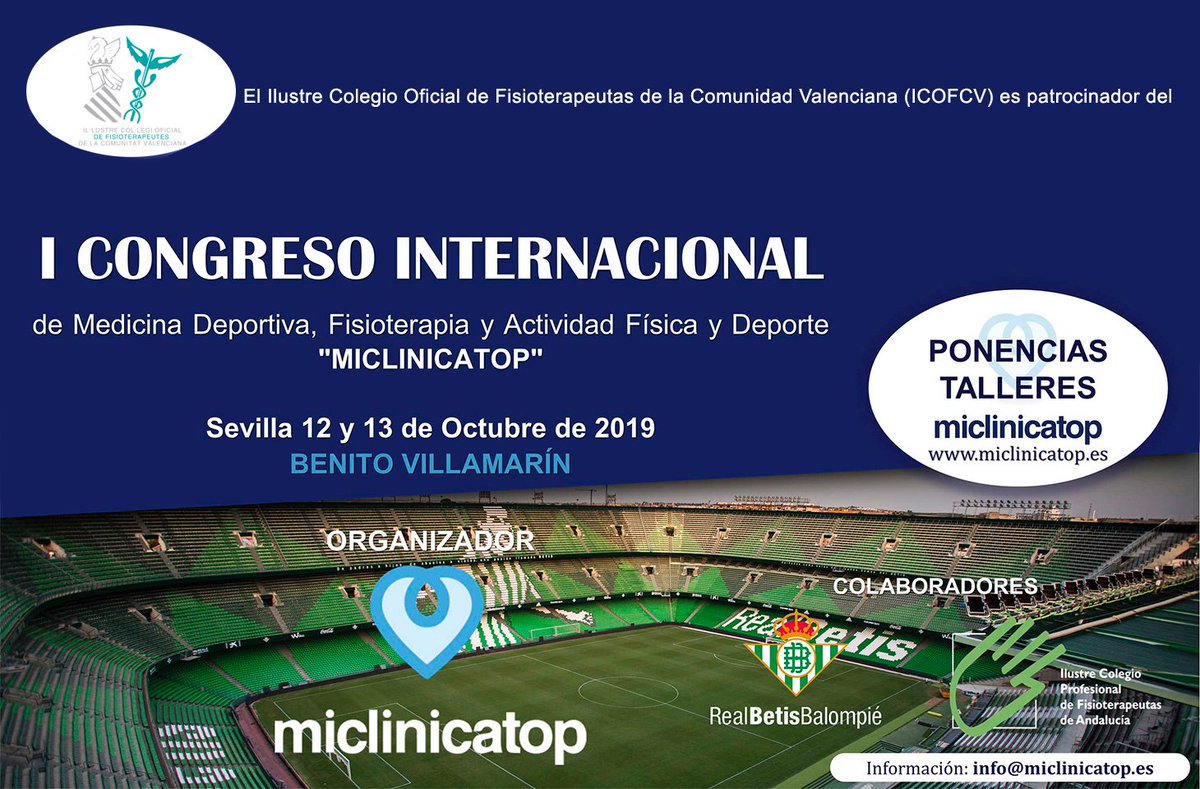 No te pierdas el I Congreso Internacional de Medicina Deportiva, #Fisioterapia y Actividad Física y #Deporte <a href="/miclinicatop/">miclinicatop</a> que tendrá lugar el 12 y 13 de octubre en Sevilla. 

Precio especial de inscripción para colegiados <a href="/Icofcv/">CFisioterapeutasCV</a> y sorteo de 4 entradas!

colfisiocv.com/Congreso_Sevil…